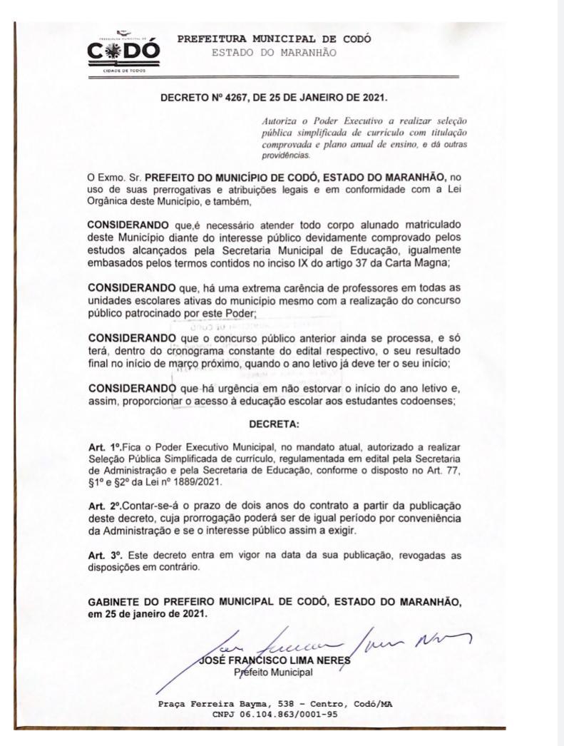 DECRETO MUNICIPAL AUTORIZA A REALIZAÇÃO DE SELETIVO SIMPLIFICADO PARA PROFESSORES 2021