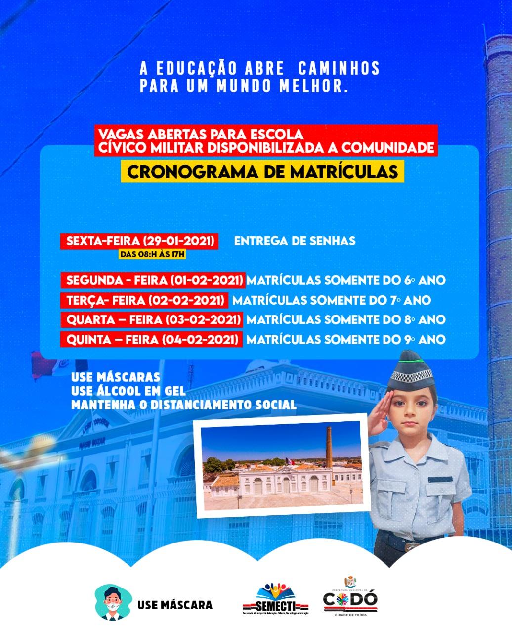 ESCOLA CÍVICO-MILITAR DE CODÓ DISPONIBILIZA VAGAS À COMUNIDADE. 
