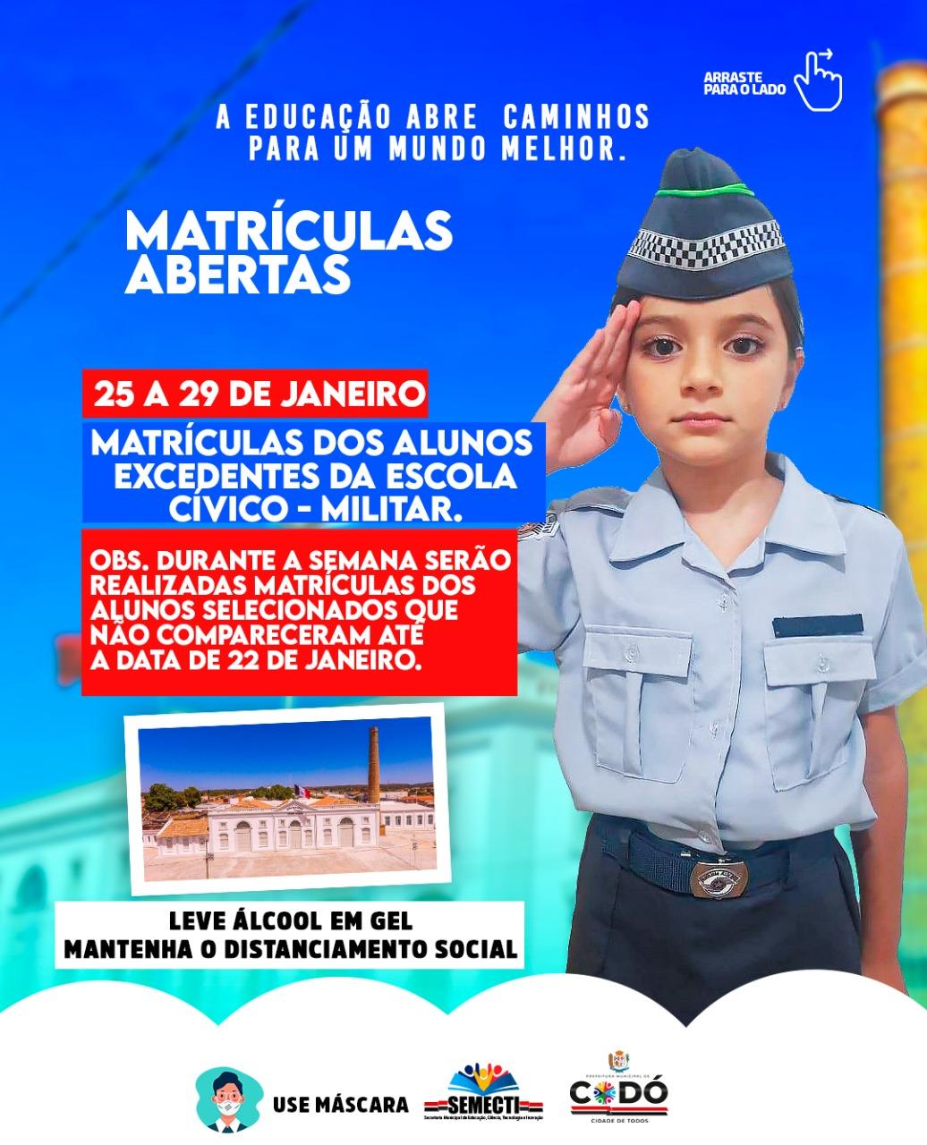 ESCOLA CÍVICO-MILITAR: MATRÍCULAS ABERTAS AOS ESTUDANTES EXCEDENTES