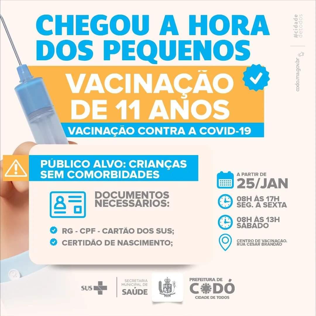 Crianças de 11 anos sem comorbidades já podem se vacinar contra Covid-19 em Codó