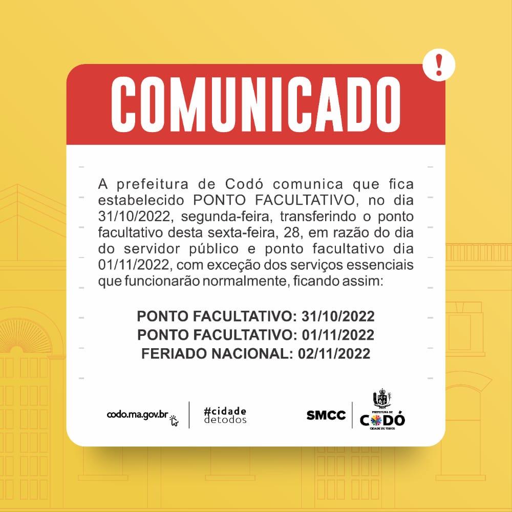 Prefeitura de Codó emite comunicado sobre ponto facultativo do dia do servidor público
