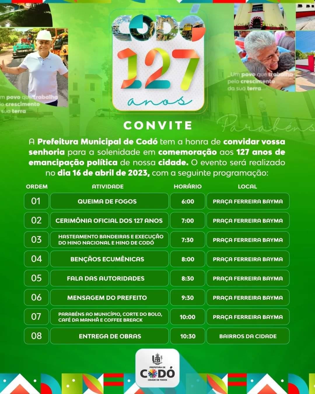 Prefeitura de Codó divulga programação da solenidade oficial para comemorar os 127 anos da cidade