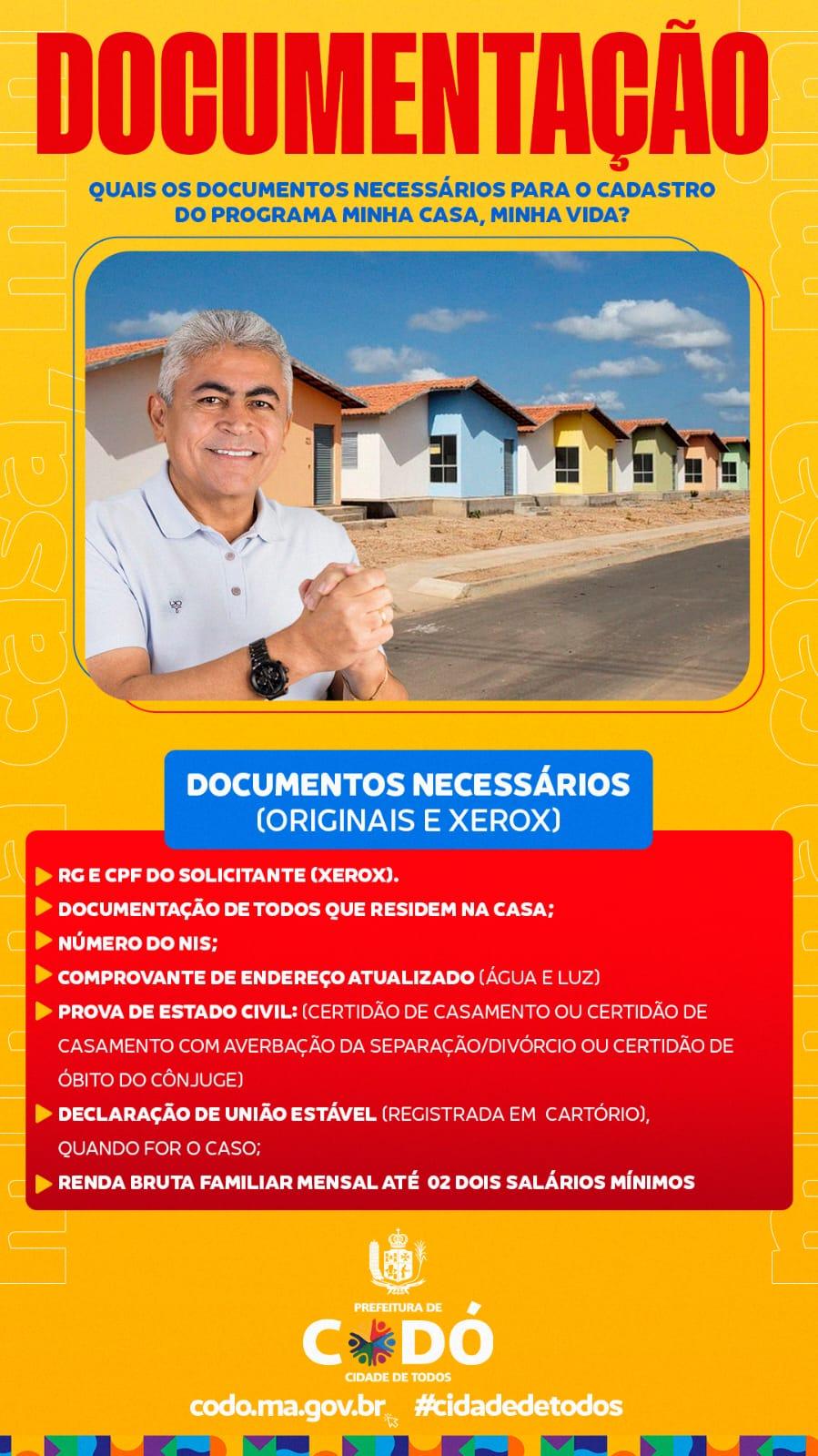 Prefeitura de Codó divulga lista oficial dos documentos necessários para realizar as inscrições no Programa Minha Casa Minha Vida