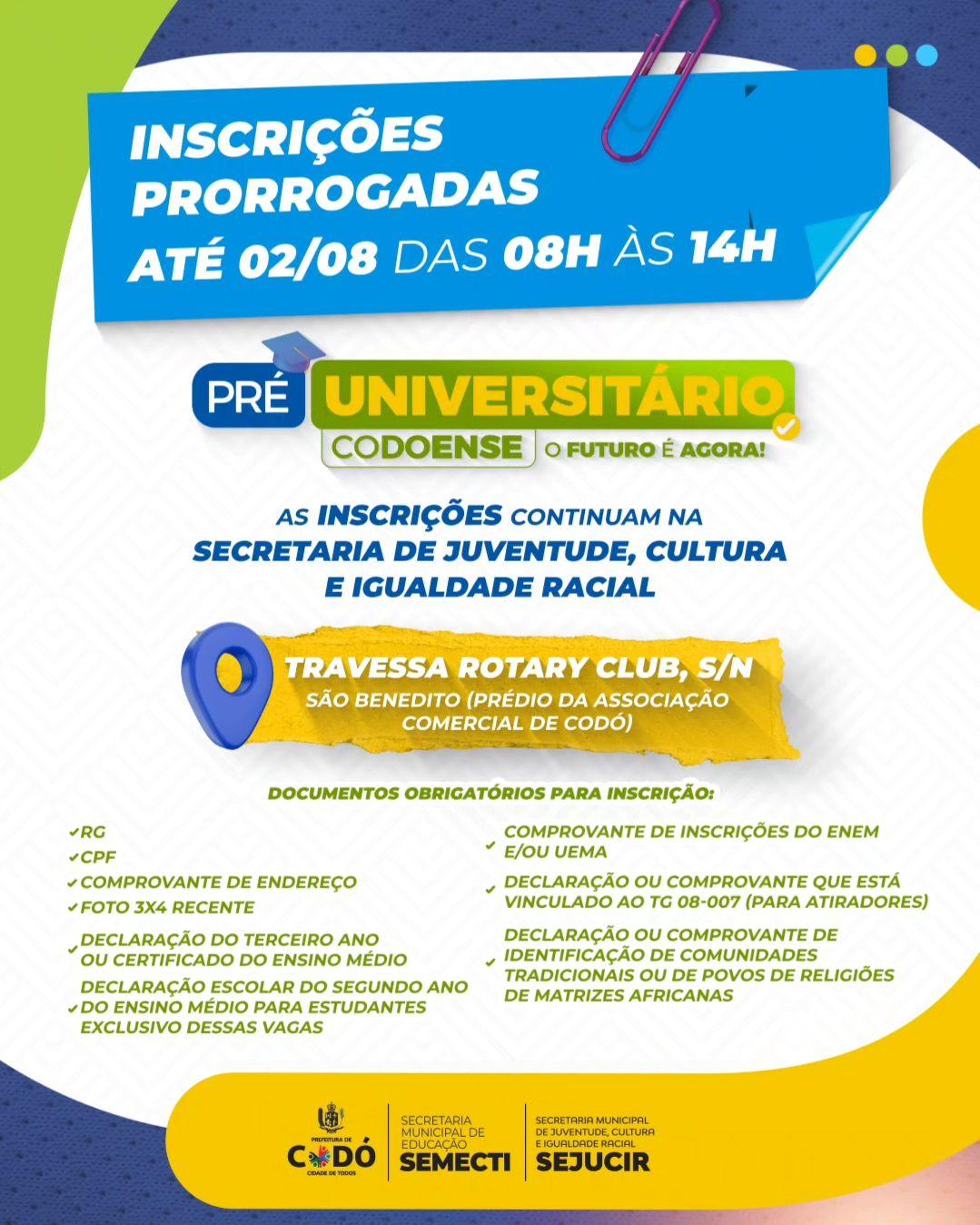 Inscrições Prorrogadas para o Programa Pré-Universitário Codoense